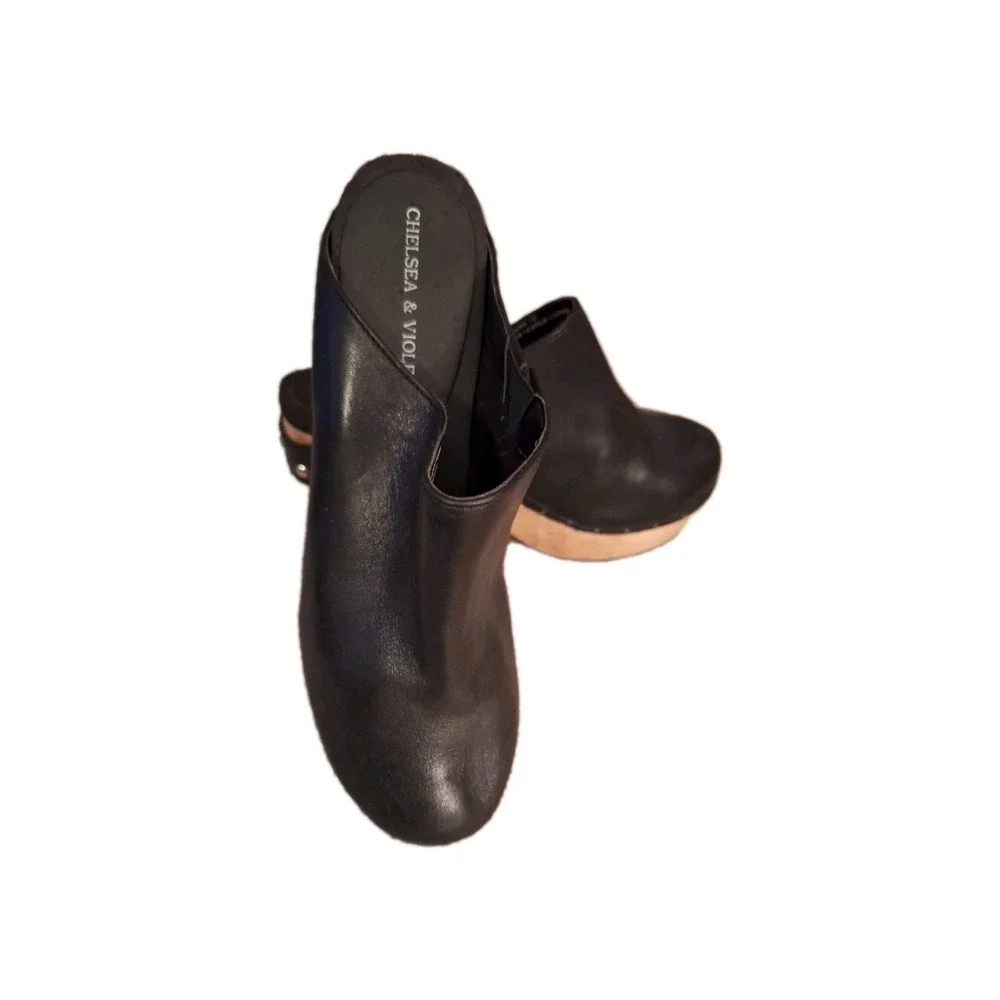 CHELSEA & VIOLET‎ (7) Black Wooden Clog Platform Leather Upper